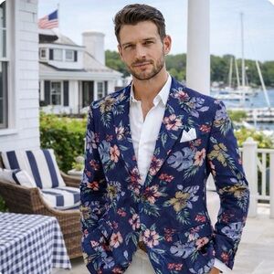 Tallia Men’s Floral Linen Blazer 46L Navy Botanical Statement Resort Wedding